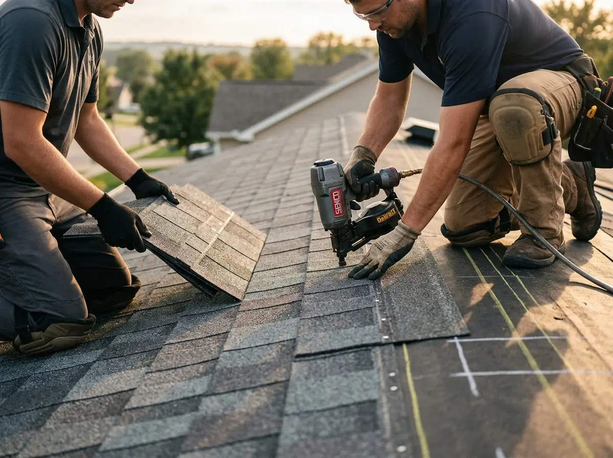 Professional roofer working on a residential roof in Huntley